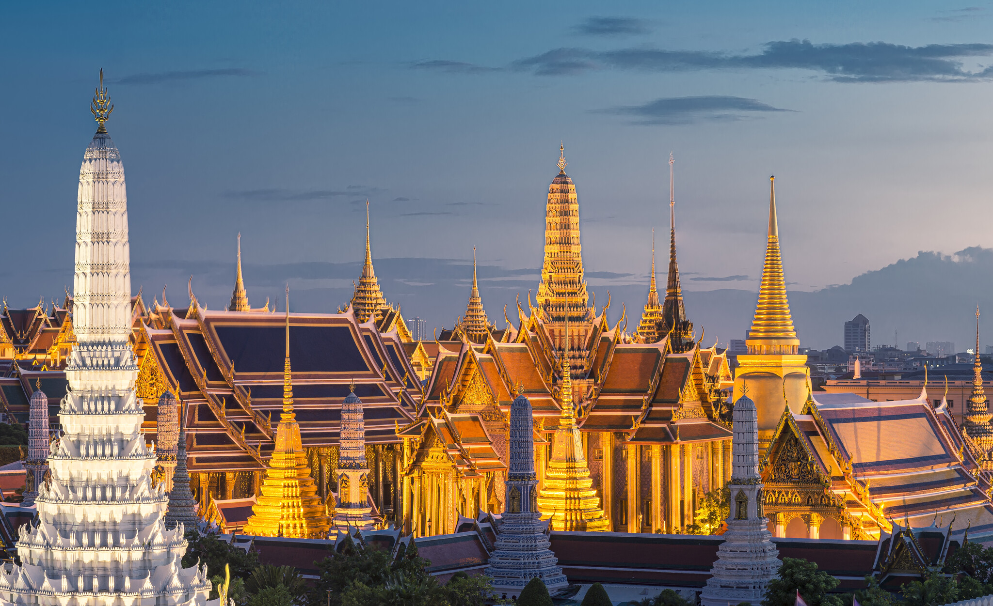 The Grand Palace and Phra Kaew Temple at sunset, Bangkok, Thailand.